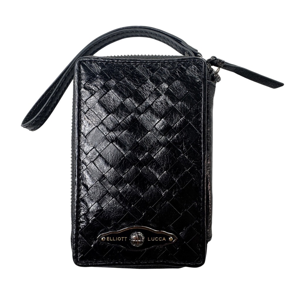 Elliott Lucca Black Woven Leather Wristlet Wallet Zip Around Organizer